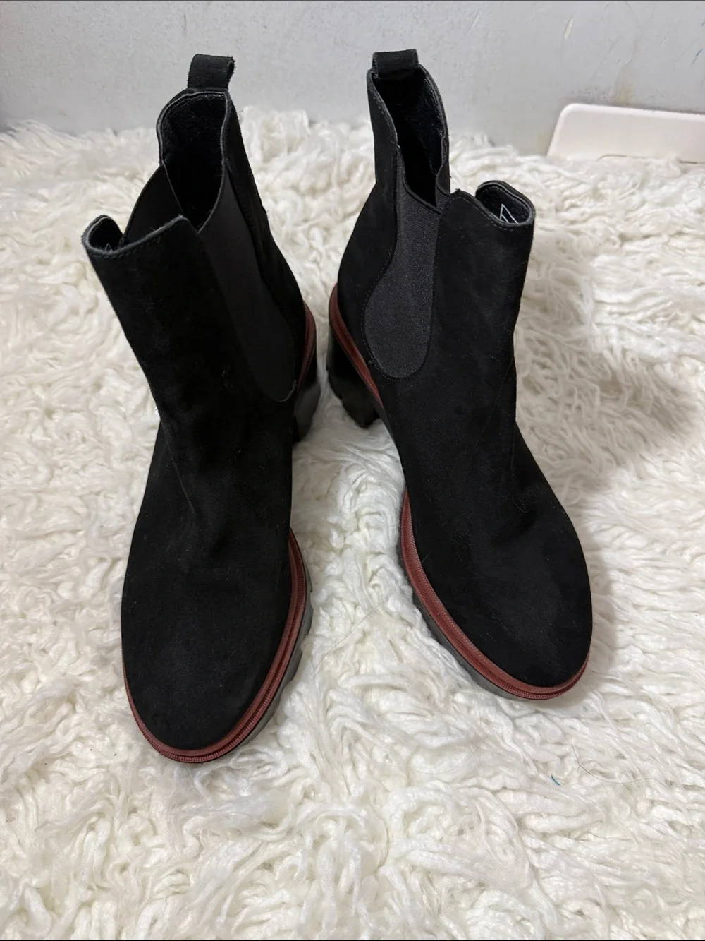 Antonio De Faria Black Suede Chunky Chelsea Boot with Red Trim size 8